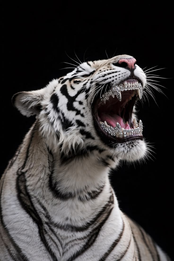 The emblem — a white tiger roars, diamonds set on its fangs